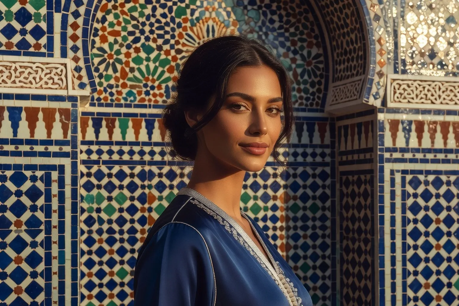 Portrait éditorial générique d'une femme marocaine élégante en caftan moderne dans une cour lumineuse