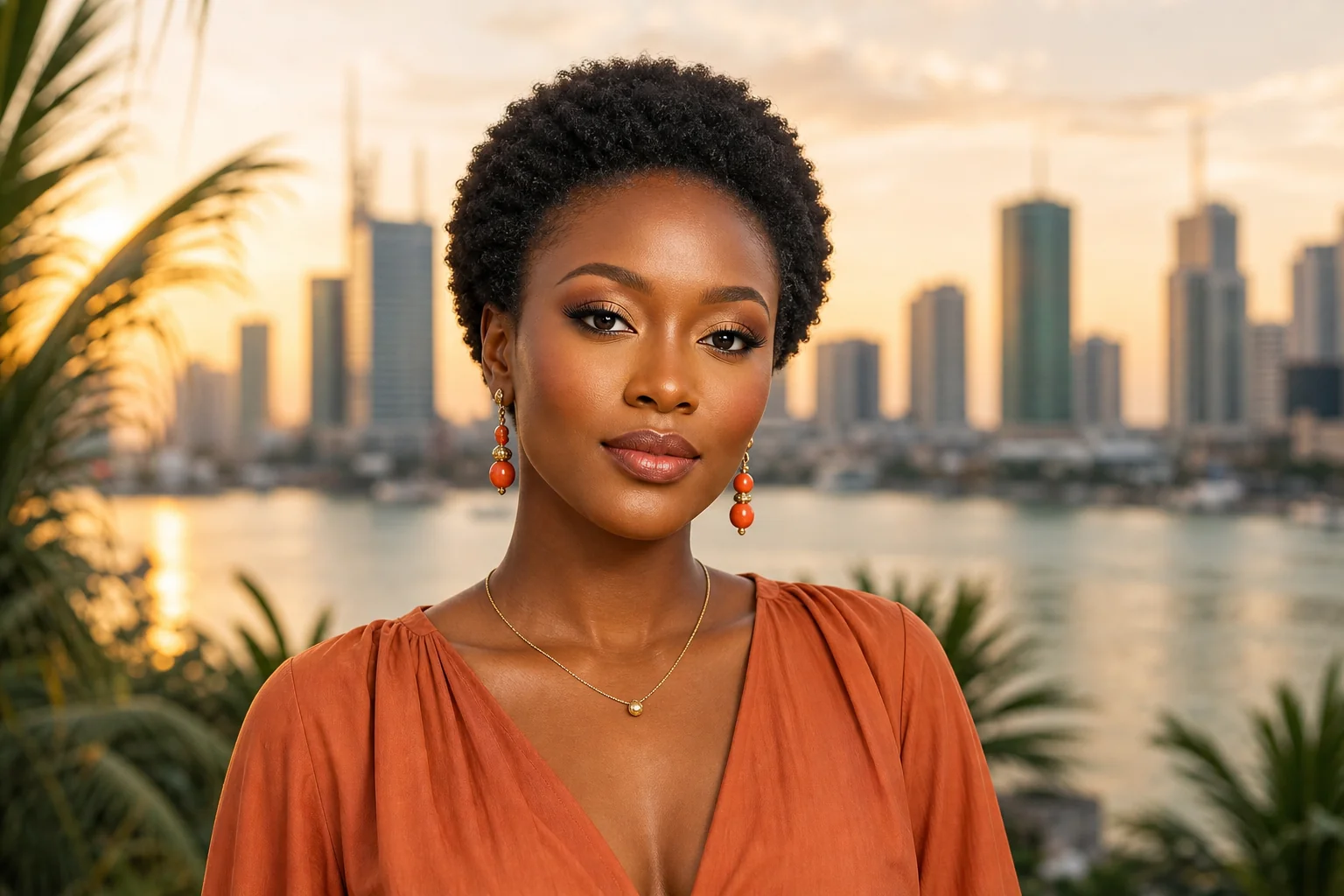 Portrait editorial genere par IA d'une femme nigeriane fictive aux cheveux naturels courts devant une skyline de Lagos, ne represente pas une personne reelle