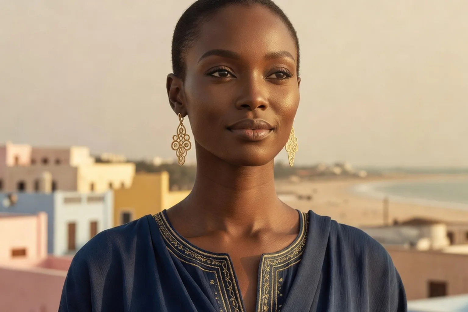 Portrait éditorial généré par IA d'une femme sénégalaise fictive en boubou indigo avec bijoux d'or devant une évocation de Gorée, ne représente pas une personne réelle