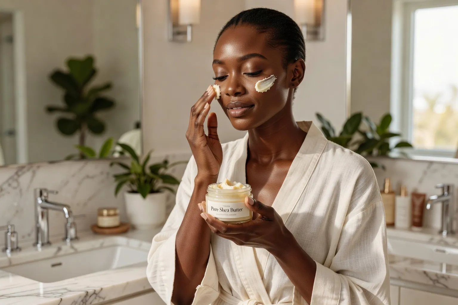 Femme africaine appliquant du beurre de karité dans sa routine beauté du matin — éclat naturel