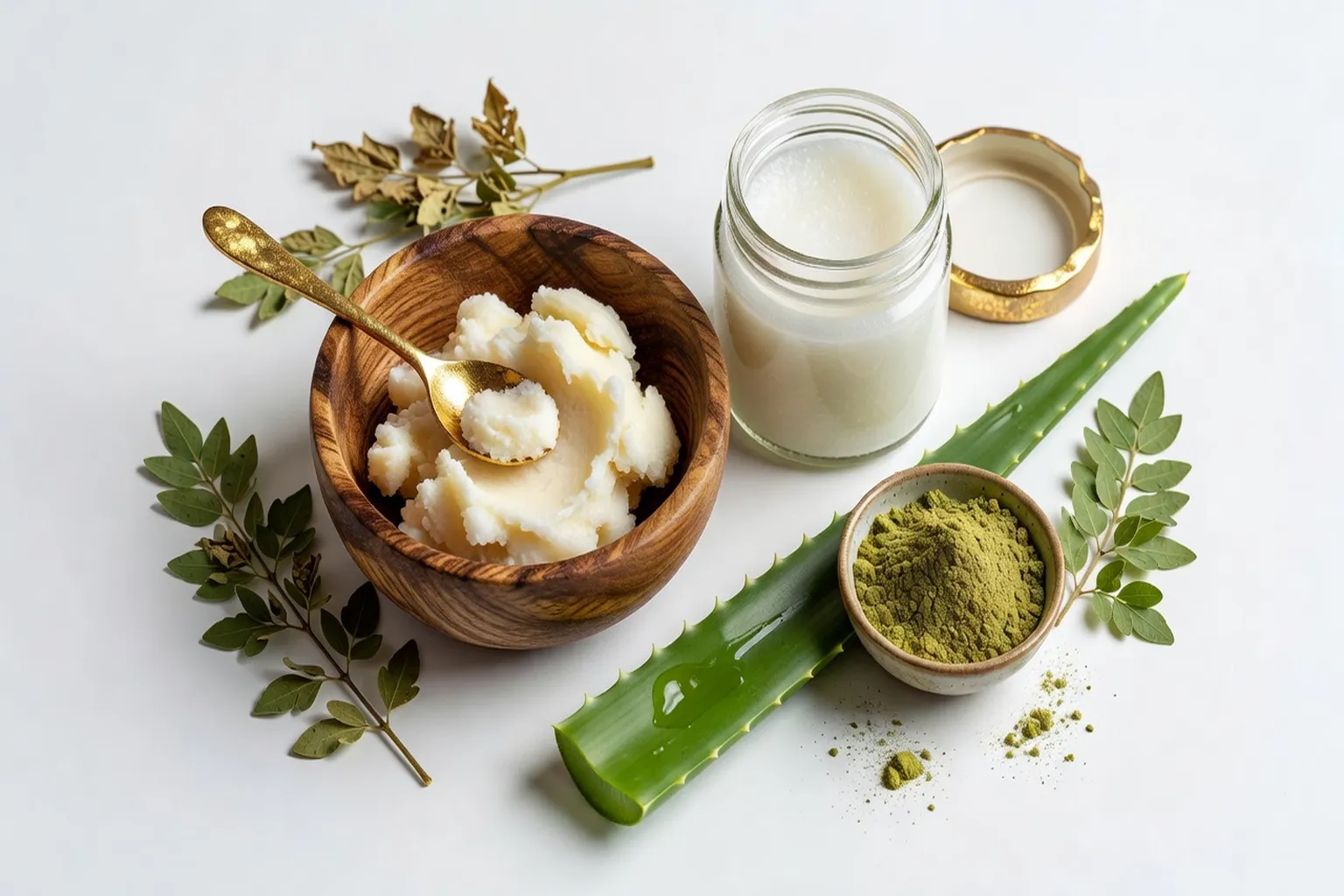Ingrédients naturels africains pour soin de la peau — karité, huile de coco, aloe vera
