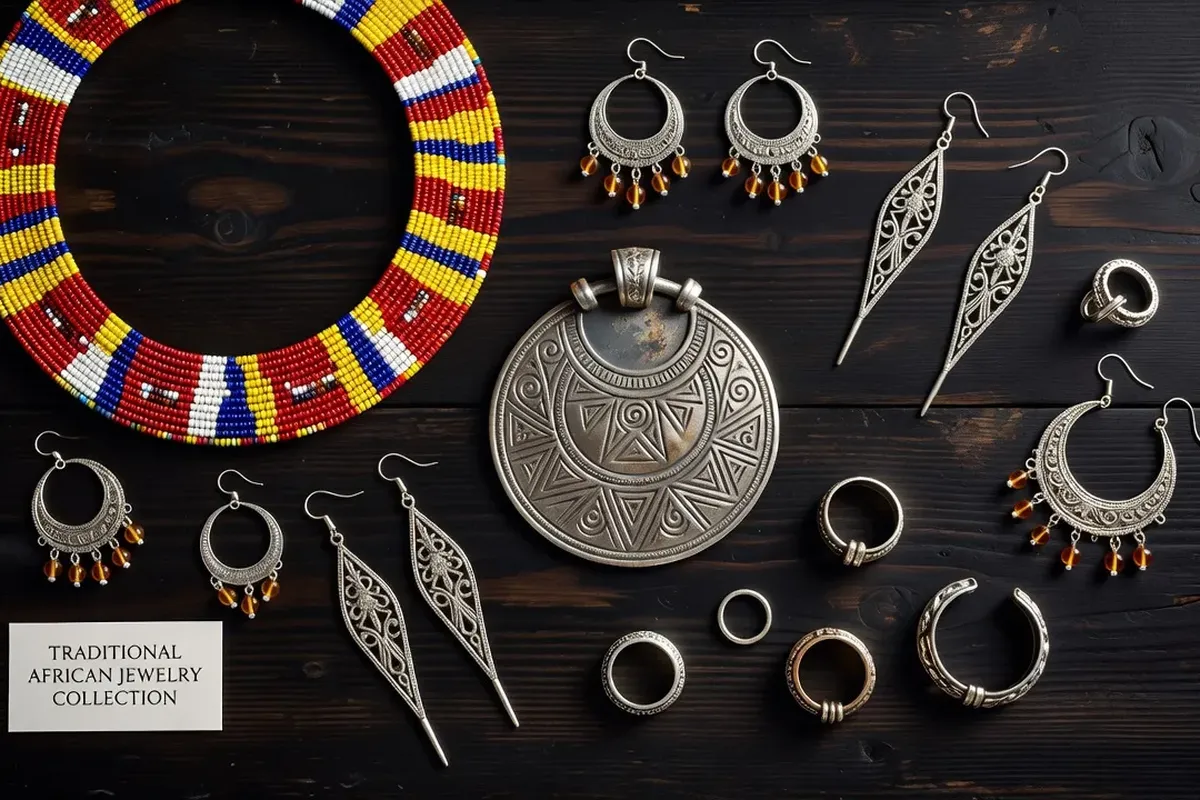 Collection de bijoux africains traditionnels — perles maasaï, argent Tuareg, or Ashanti
