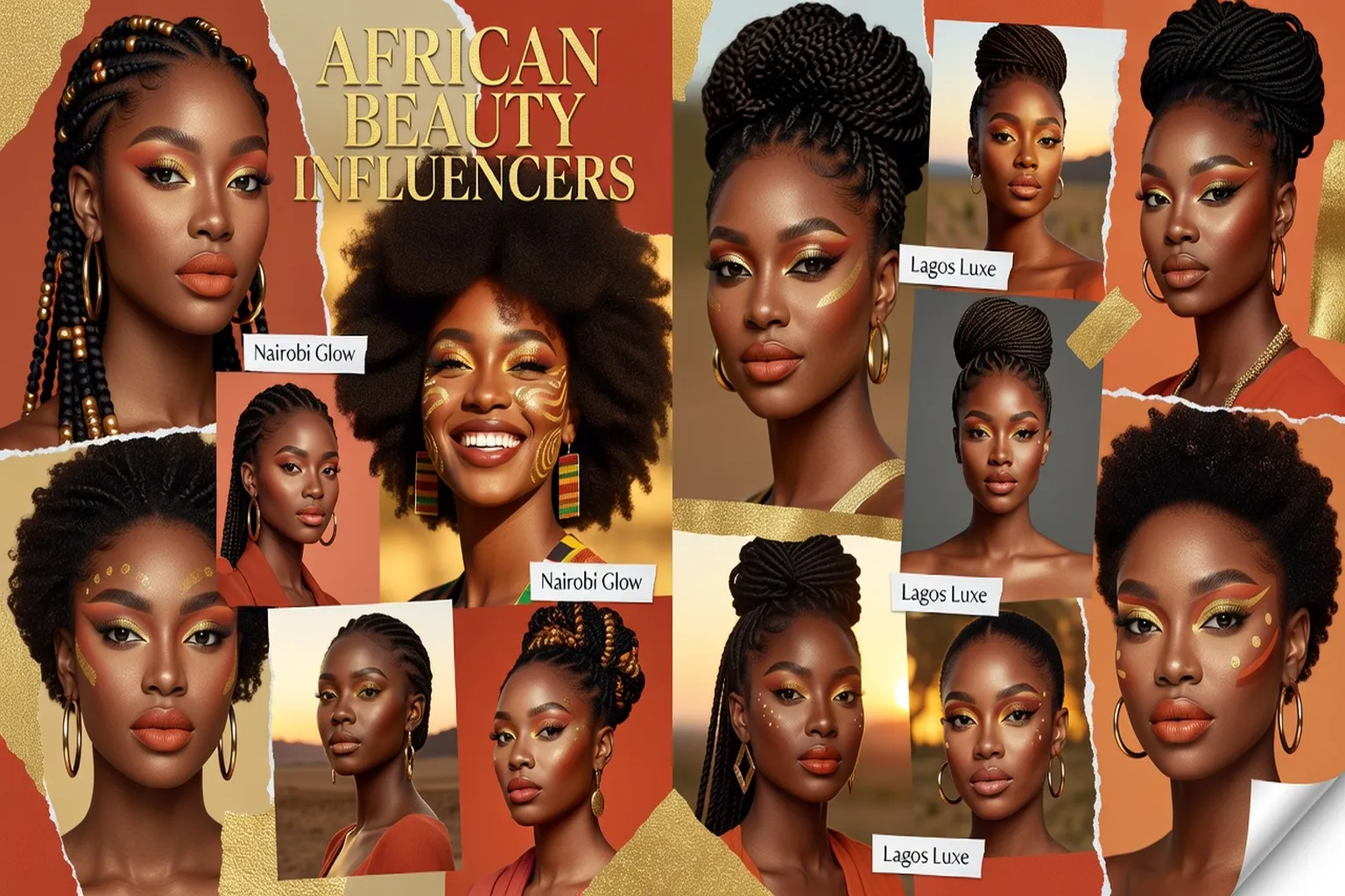 Mosaïque d'influenceuses beauté africaines — styles diversifiés de différents pays d'Afrique