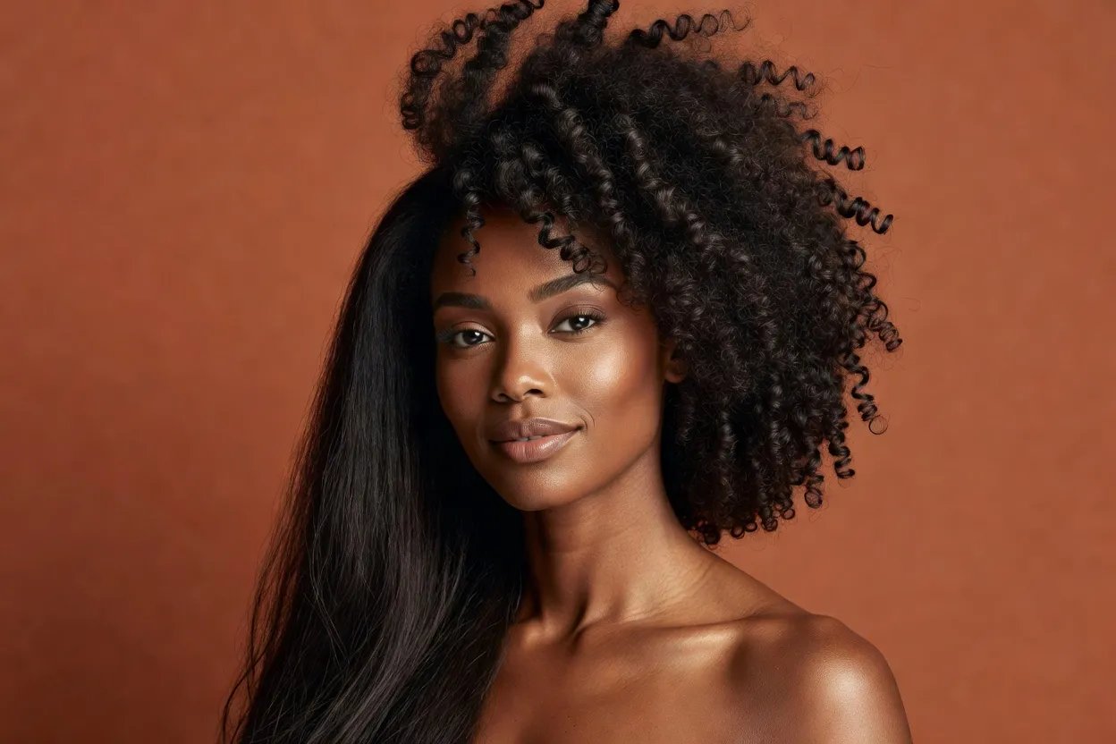 Femme en transition capillaire — cheveux naturels afro en pleine croissance